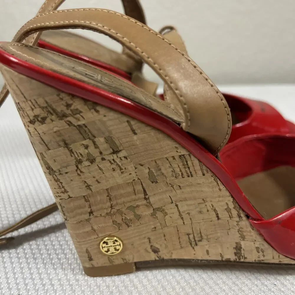 Tory Burch Red‎ Patent Leather Cork Wedge Ankle Strap Peep Toe Sandals size 7 M